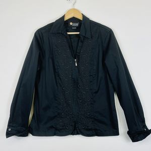 Christine Alexander Black Long‎ Sleeve Embroidered Shirt Jacket Womens Medium